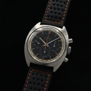 1969 Omega Seamaster stainless steel chronograph watch with original black dial, pulsations scale, handset, and caliber 861 manual movement.