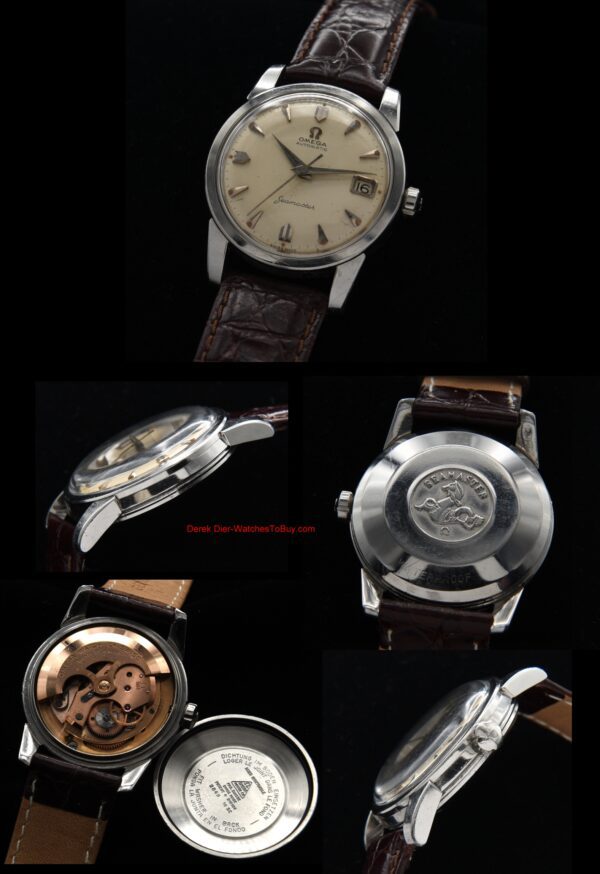 1957 Omega Seamaster Calendar stainless steel watch with original beefy lugs, hands, winding crown, and caliber 503 automatic movement.