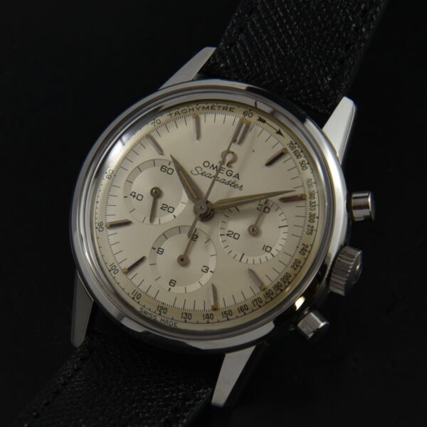 1962 Omega 35.5mm Seamaster Chronograph stainless steel watch with original case, dial, arrow style hands, and caliber 321 Moon movement.