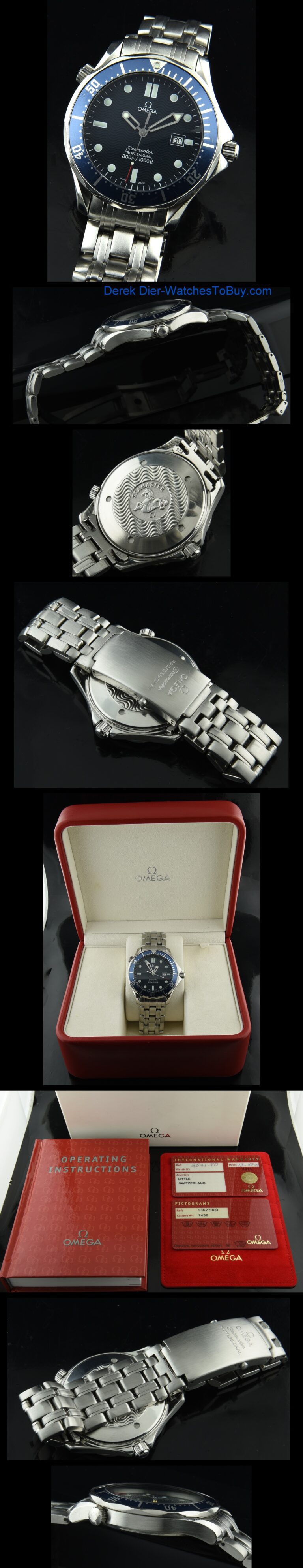 2004 Omega Seamaster James Bond stainless steel watch with original inner/outer box, booklet, warranty card, bracelet, and quartz movement.