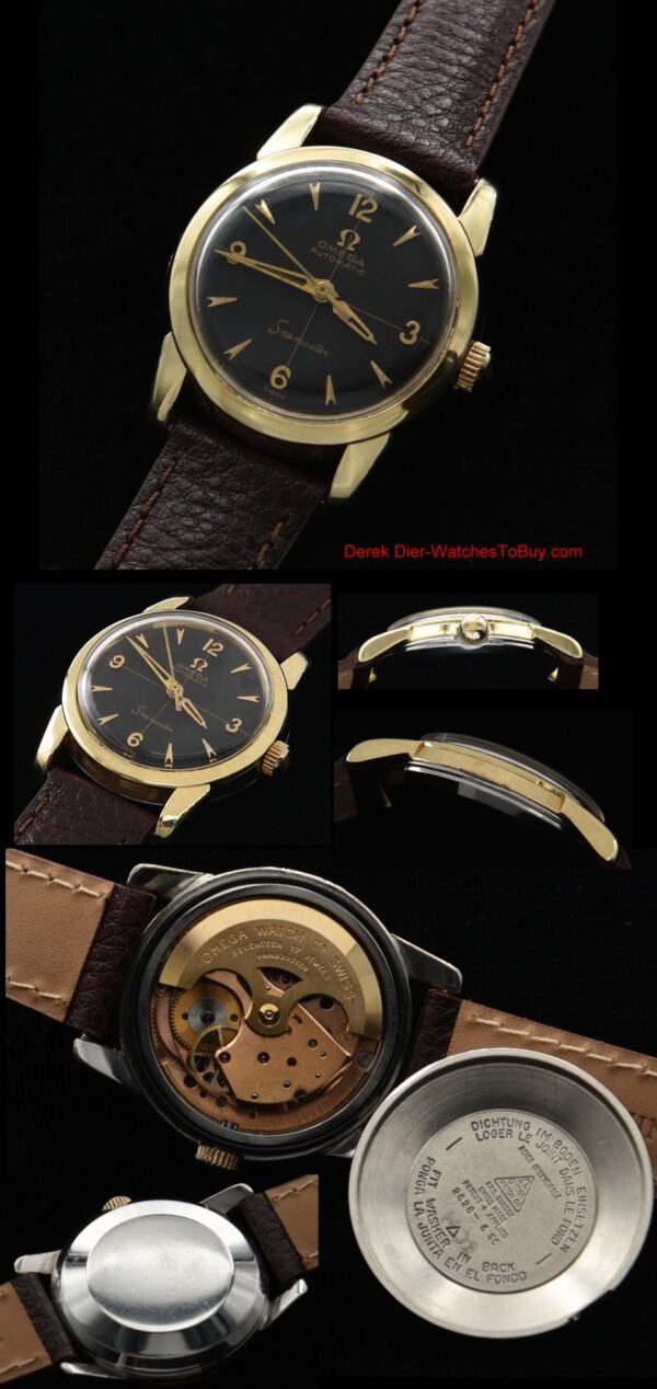 1957 Omega 32mm Seamaster gold-filled watch with original Arabic arrow markers, Dauphine hands, and automatic winding caliber 470 movement.