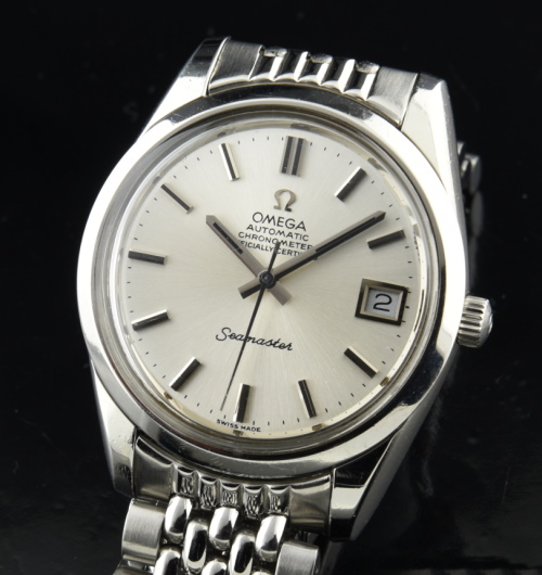 1973 Omega 35mm Seamaster stainless steel watch with original dial, Dauphine hands, case, and cleaned 23-jewel chronometer-grade movement.
