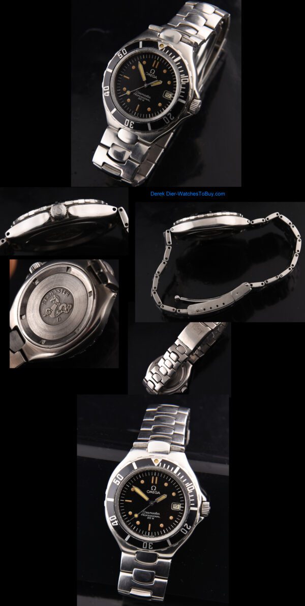 1991 Omega 38mm Seamaster stainless steel dive watch with original case, bracelet, flip-lock buckle, 200m depth, and quartz movement.