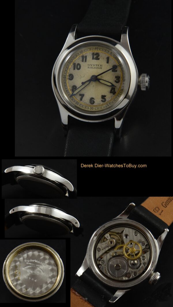 1942 Rolex Oyster Raleigh stainless steel WW2-era watch with original robust case, dial, wide bezel, and manual winding caliber 59 movement.