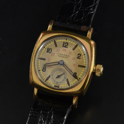 1941 Rolex 27.5mm Oyster Regent gold-filled WW2-era watch with original dial, case, pencil hands, military scale, and caliber 59 movement.