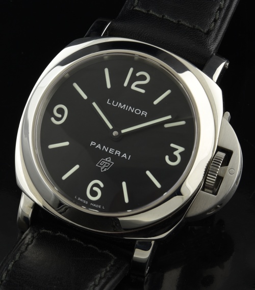 2007 cleaned Panerai 44mm Luminor PAM 000 stainless steel watch with original box, papers, extra rubber band, and easy-to-read, bright dial.