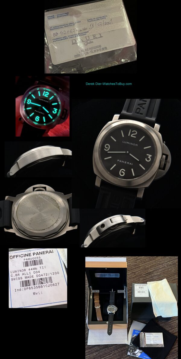 Uncommon 2001 Panerai 44mm Pam 55 titanium watch with original desired tobacco dial, box and papers, rubber band, buckle, and leather band.