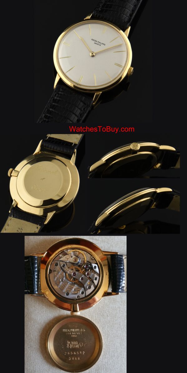 1968 Patek Philippe Calatrava 18k gold watch with original narrow bezel, winding crown, restored dial, and caliber 23-300 manual movement.