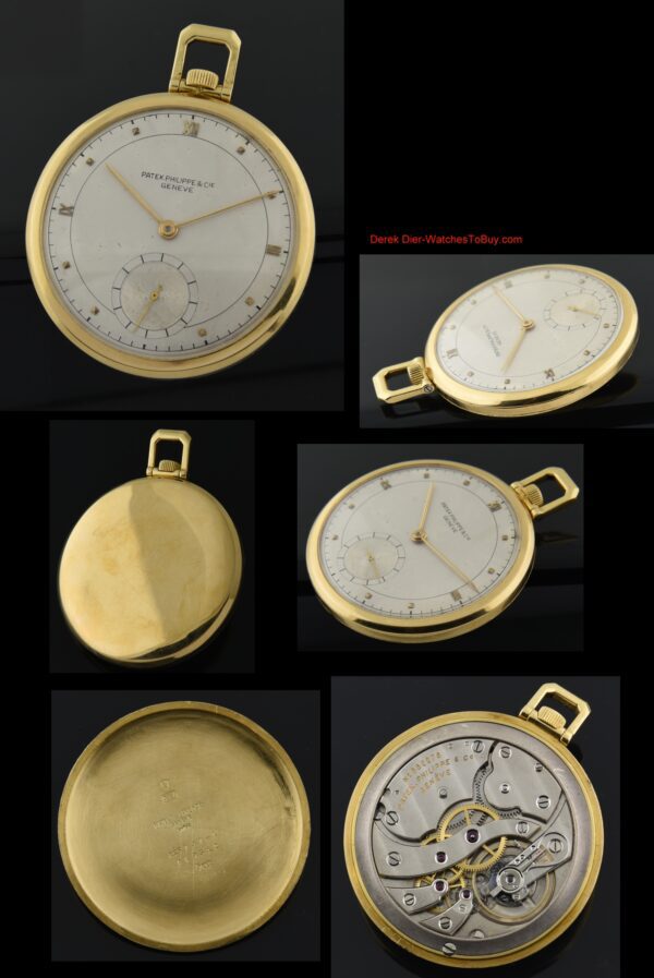 Patek Phillipe 48mm 707 18k solid-gold pocket watch with original dial, raised Roman numerals, needle hands, and manual winding movement.