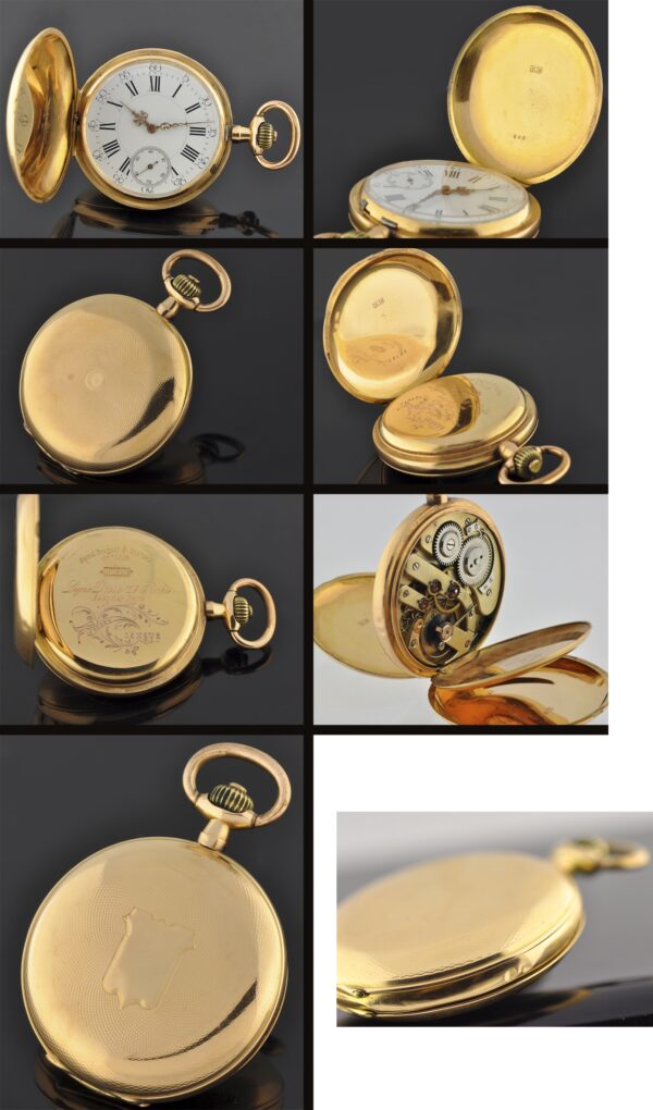 1890 Perret 18k gold pocket watch with original porcelain dial, hands, case, two small dings, and recently cleaned, accurate movement.