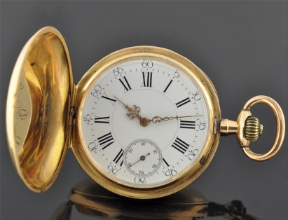 1890 Perret 18k gold pocket watch with original porcelain dial, hands, case, two small dings, and recently cleaned, accurate movement.