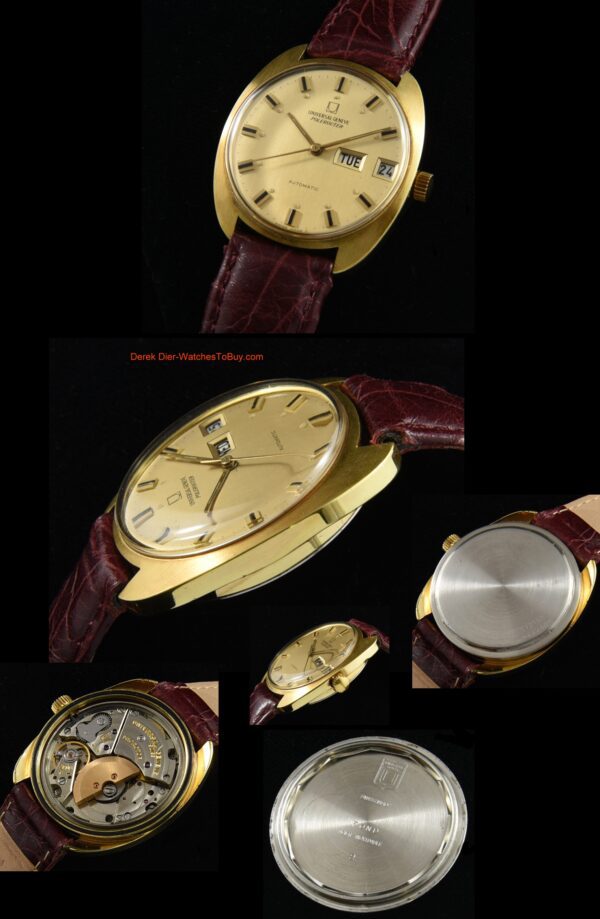 1960s Universal Geneve gold-plated watch with original case, steel back, dial, hands, day/date feature, and micro-rotor automatic movement.