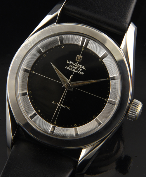 1960s Universal Geneve Polerouter stainless steel watch with original dial, Dauphine handset, wide bezel, and automatic winding movement.