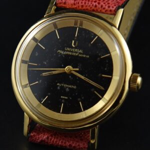 1960s Universal Geneve 34mm Polerouter gold-plated watch with original case, dial, minor age spots, and fine micro-rotor automatic movement.