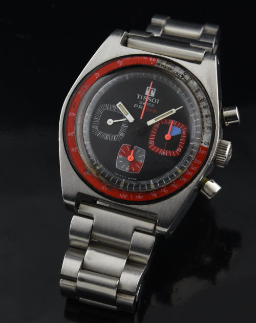 1970s Tissot PR stainless steel chronograph watch with original multi-coloured dial, bezel, bracelet, and caliber 873 Lemania movement.