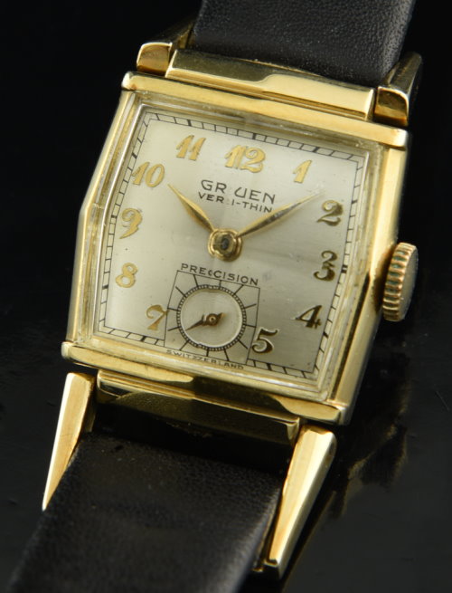 1940 Gruen Precision gold-filled watch with original swing lugs, dial, Breguet-style numerals, crystal, and cleaned manual winding movement.