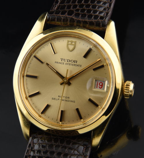 1960s Tudor Prince Oysterdate gold-plated watch with original case, dial, hands, roulette date wheel, and clean automatic winding movement.