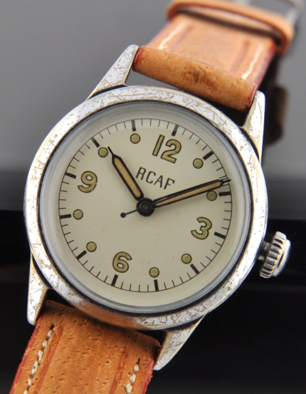 1942 Royal Canadian Air Force stainless steel WW2-era military watch with original government dial, and cleaned, accurate Waltham movement.
