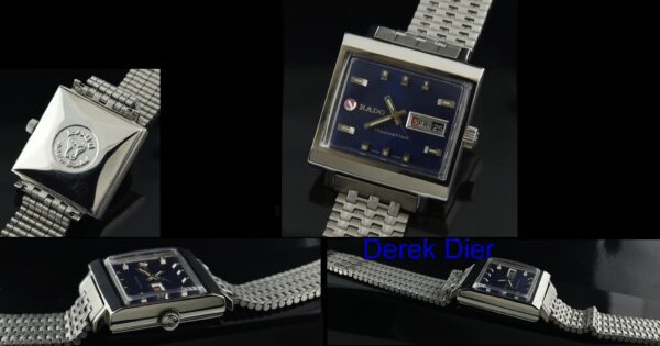 Rado Manhattan stainless steel watch with original restored blue dial, chunky markers, baton hands, and cleaned automatic winding movement.