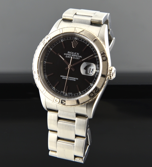2001 Rolex Datejust Thunderbird stainless steel watch with original white-gold bezel, sapphire crystal, bracelet, and caliber 3135 movement.