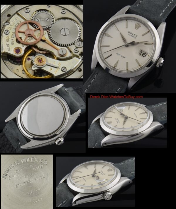 1962 Rolex 34mm Oysterdate stainless steel watch with original Dauphine hands, arrow markers, white dial, case, and manual winding movement.
