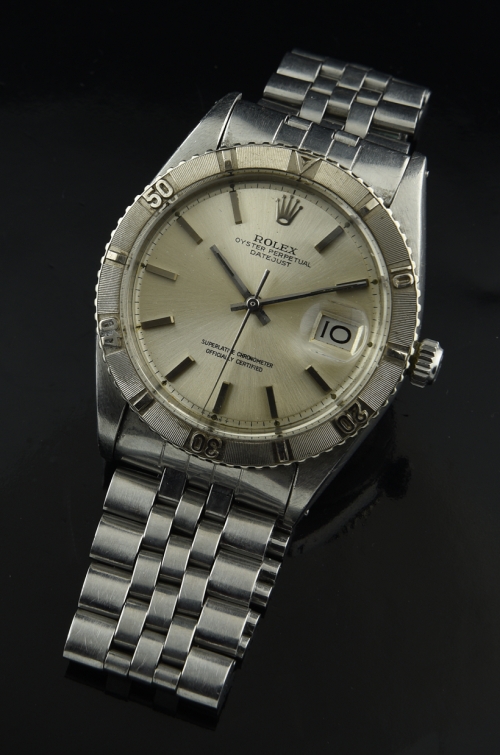 1966 Rolex Datejust Thunderbird stainless steel watch with original white-gold bezel, dial, hands, bracelet, and automatic winding movement.