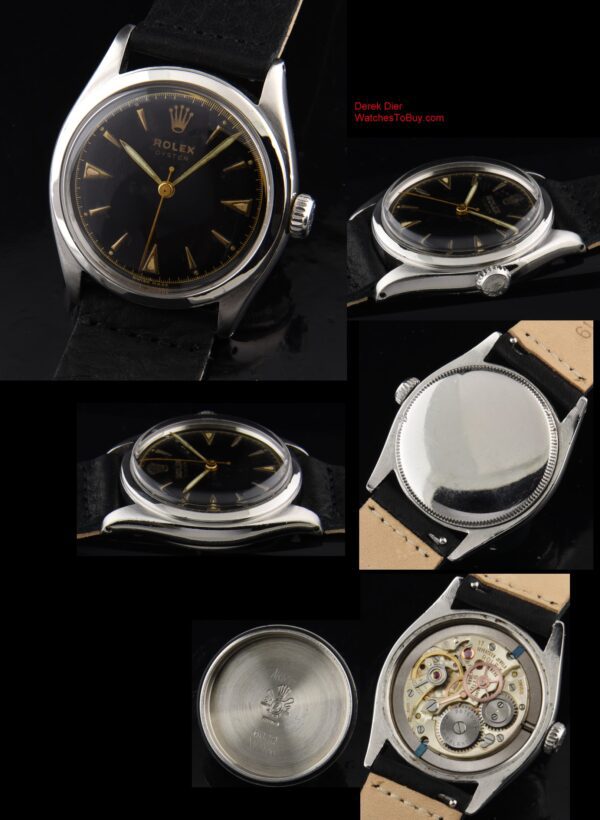 1951 Rolex 34mm stainless steel watch with original glossy black dial, Super Oyster winding crown, radium lume, and manual winding movement.