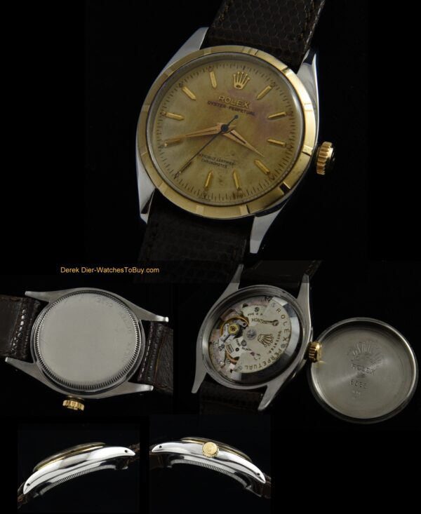 1954 Rolex stainless steel watch with original 14k gold bezel, Dauphine hands, dial, and serviced butterfly rotor caliber 1030 movement.