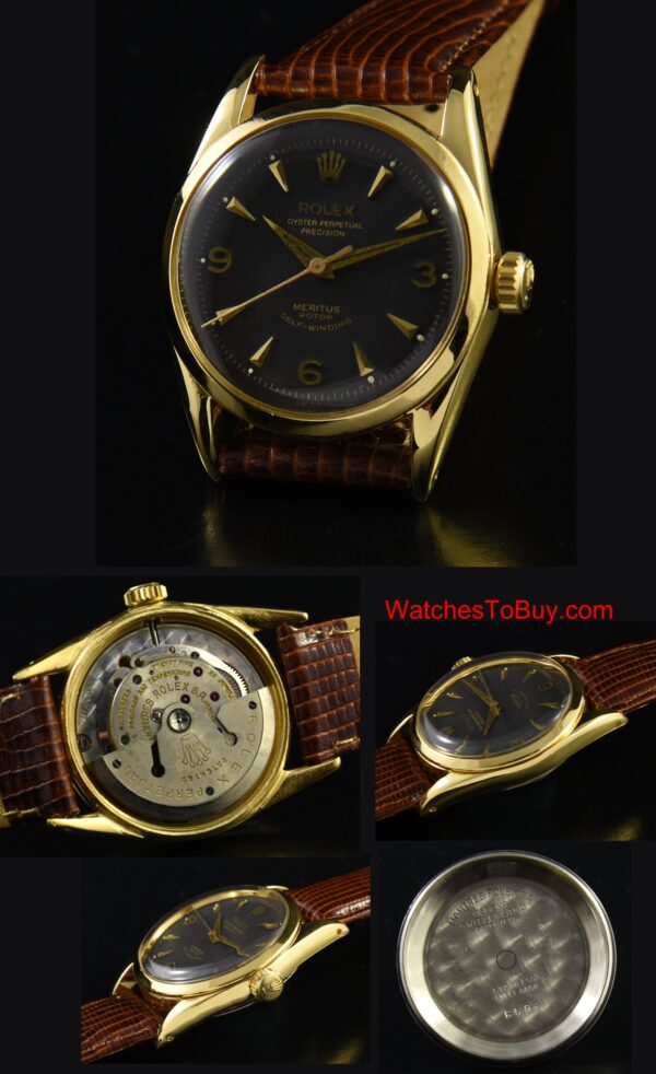 1956 Rolex Oyster Meritus gold-plated watch with original restored case, winding crown, Dauphine hands, and caliber 1030 butterfly movement.