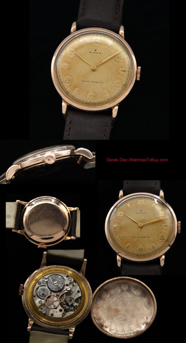 1950s Rolex 33.75mm solid 9k rose gold mens dress watch with original narrow bezel, all-dial appearance, hands, and manual winding movement.