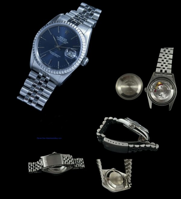 1991 Rolex Datejust stainless steel watch with original blue dial, Jubilee bracelet, quickset date feature, and clean caliber 3135 movement.