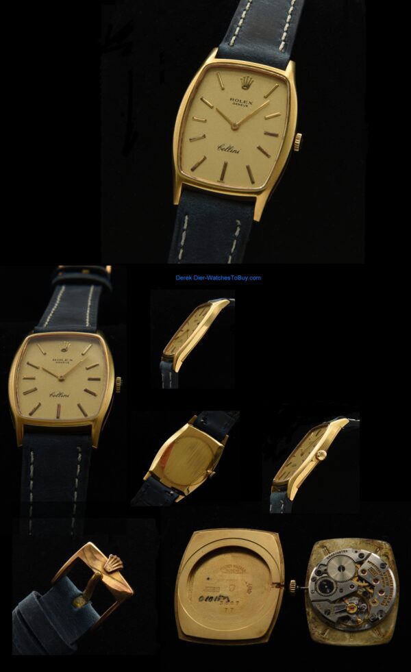 1970s Rolex Cellini 14k solid-gold watch with original case, winding crown, crystal, pebble-finished dial, and cleaned manual movement.