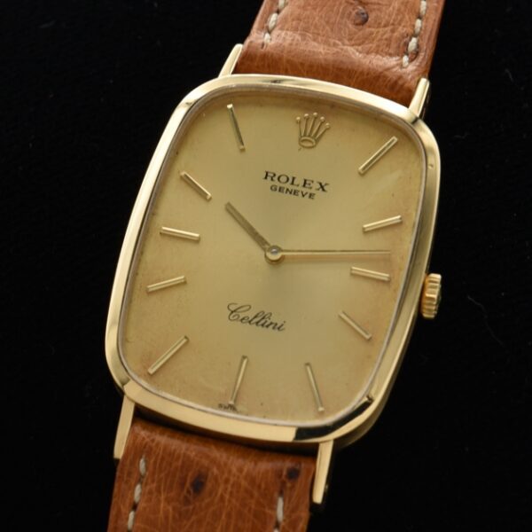 1975 Rolex 26x24mm Cellini 18k solid-gold watch with original buckle, dial, fine manual winding movement, papers, and 1981 purchase receipt.