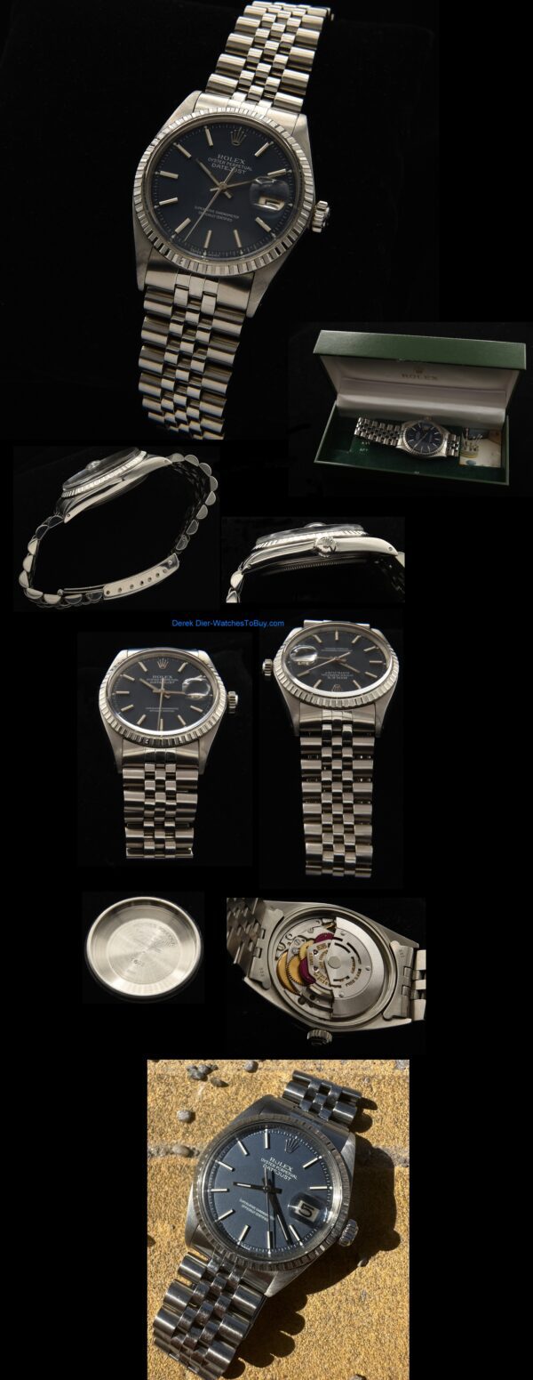 1968 Rolex Datejust stainless steel watch with original blue dial, case, Jubilee bracelet, and caliber 1570 automatic winding movement.