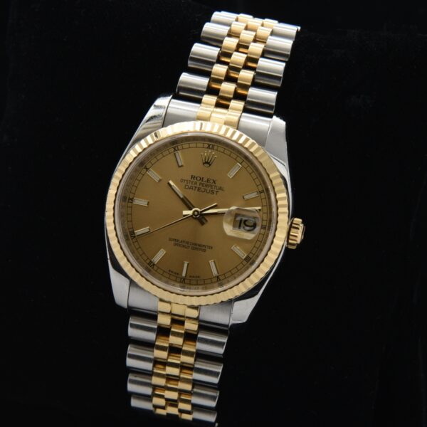 2008 Rolex Datejust stainless steel and 18k gold watch with original Jubilee bracelet, hidden clasp, crystal, and caliber 3135 movement.
