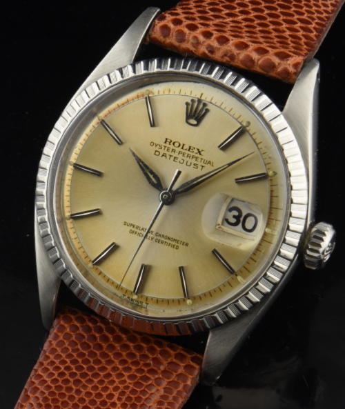 1964 Rolex 36mm Datejust stainless steel watch with original dial, Dauphine hands, case, amazing patina, and cleaned, accurate movement.