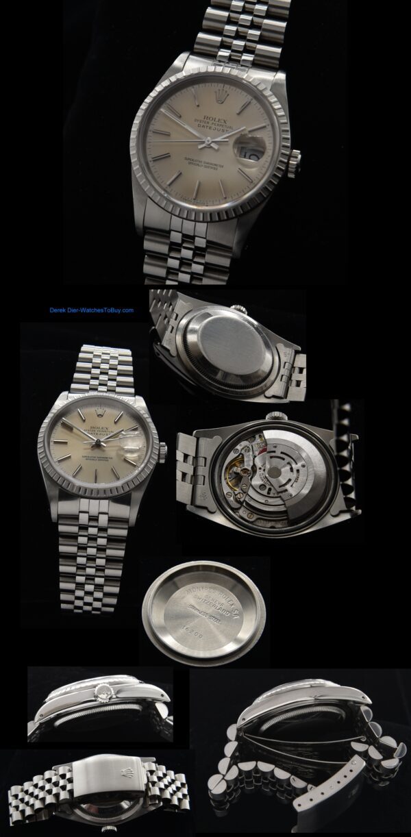 1989 Rolex Datejust stainless steel watch with original Jubilee bracelet, silver dial, golden patina, and caliber 3135 automatic movement.