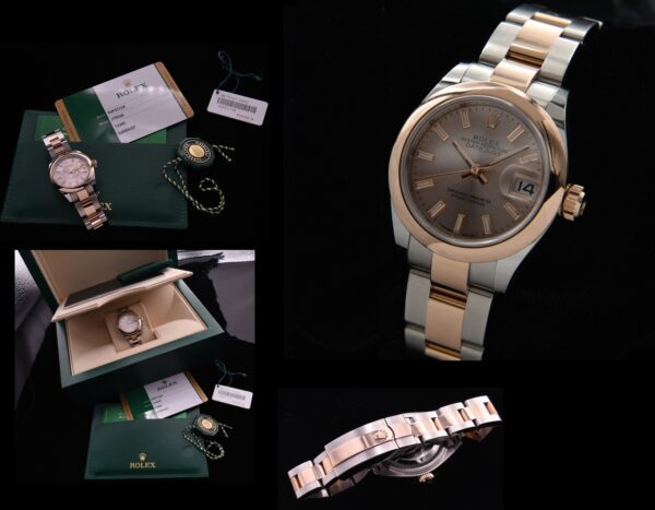 2019 Rolex 28mm Datejust 18k rose gold and stainless steel ladies watch with original bronze dial, case, box, papers, and all band links.