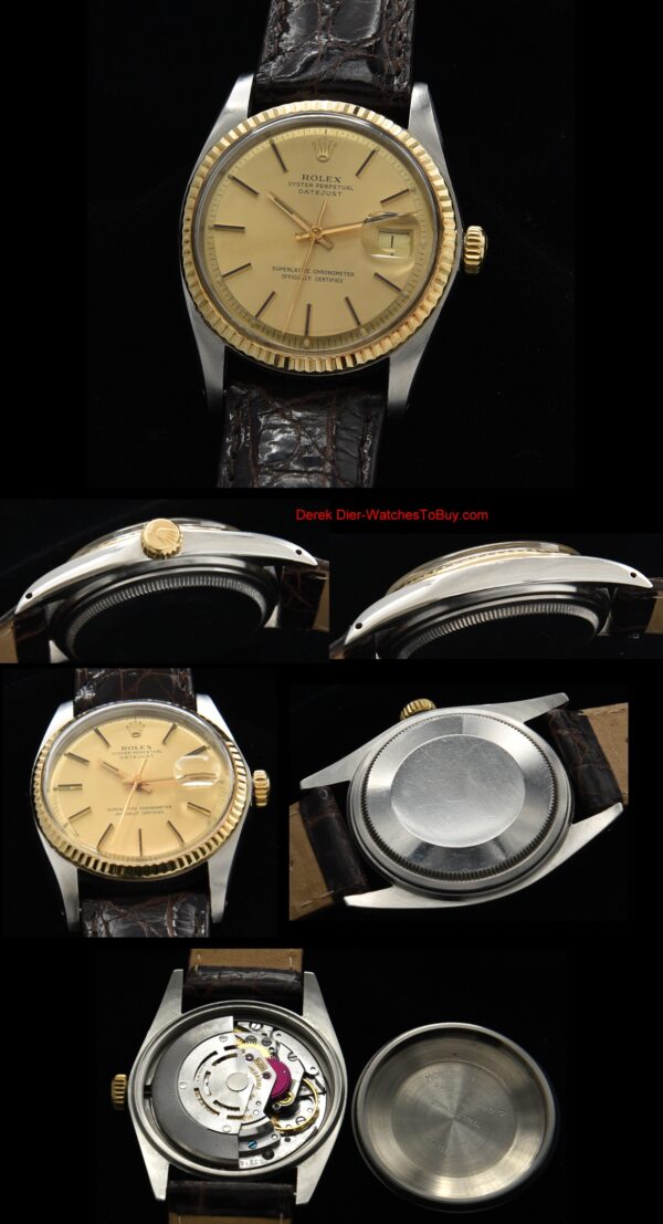 1977 Rolex 36mm Datejust Two-Tone stainless steel watch with original 14k gold bezel, winding crown, and caliber 1575 automatic movement.