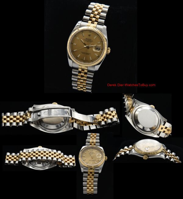 2008 Rolex Datejust stainless steel and 18k gold watch with original Jubilee bracelet, hidden clasp, crystal, and caliber 3135 movement.