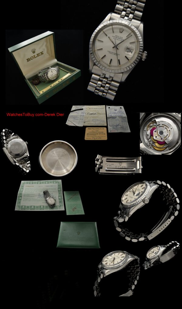 1977 Rolex 36mm 'Snow White' Datejust stainless steel watch wtih original box, papers, service receipts, Jubilee bracelet, and white dial.