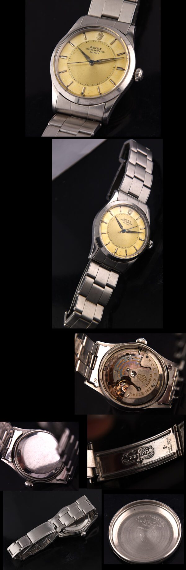 1956 Rolex 34mm Deepsea stainless steel watch with original unpolished case, Dauphine hands, crown, and automatic butterfly rotor movement.