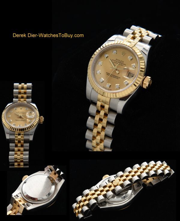 2008 Rolex 26.5mm V-Series Datejust 18k gold and stainless steel ladies watch with original factory diamond dial, hidden clasp, and band.