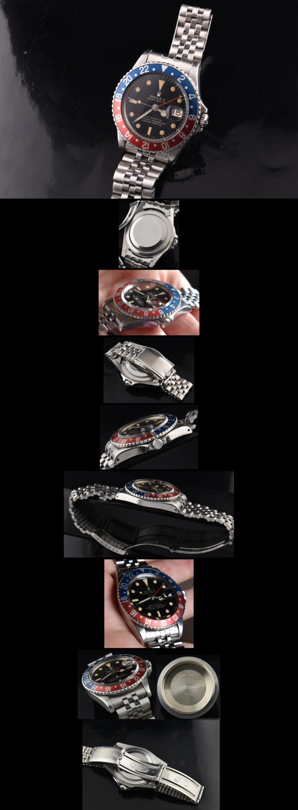 1966 Rolex GMT Master stainless steel watch with original black gilt dial, clean case, unworn Jubilee bracelet, fat-font bezel, and hands.