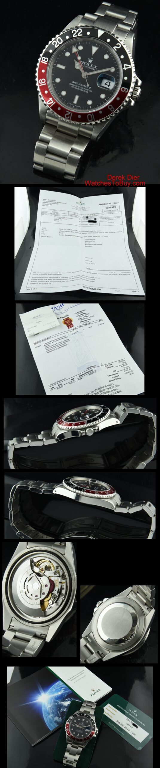 2000 Rolex GMT Master stainless steel watch with original Oyster bracelet, case, Coke bezel, dial, hands, and green velvet service pouch.