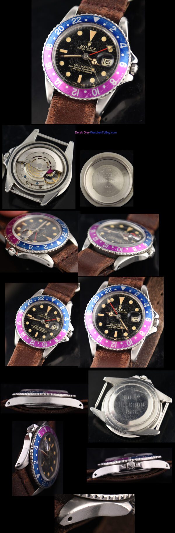 1966 Rolex GMT Master stainless steel watch with original gilt dial, deep-vanilla lume, case, replaced 24-hour hand, and automatic movement.