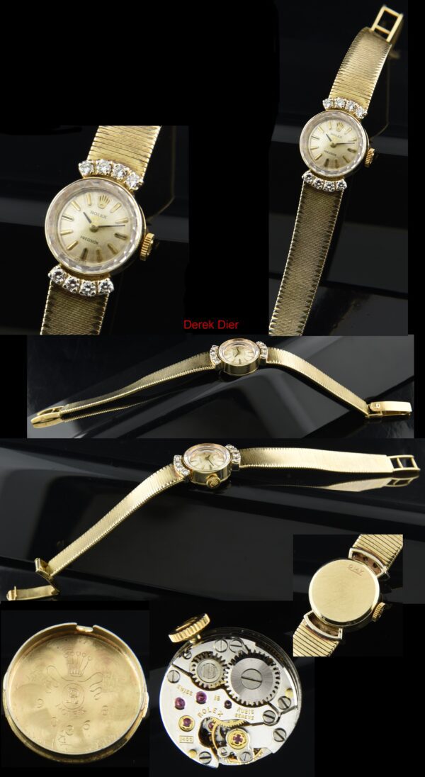 1952 Rolex 14.5mm 14k solid-gold ladies cocktail watch with original authentic diamonds, dial, hands, bracelet, and manual winding movement.