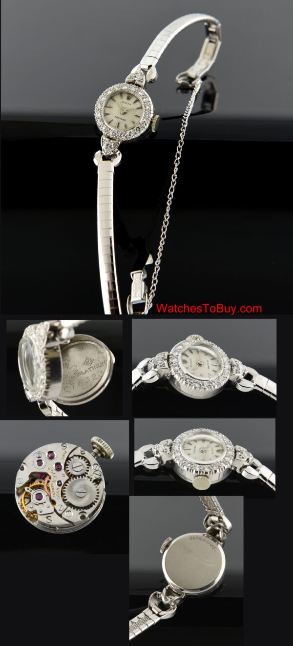 1950s Rolex platinum ladies watch with original diamond case, white-gold-filled bracelet, honeycomb dial, and clean manual winding movement.