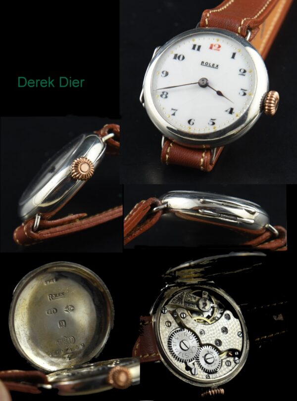 Pre-1920 Rolex sterling silver ladies watch with original porcelain dial, spade hands, rose-toned onion crown. and manual winding movement.