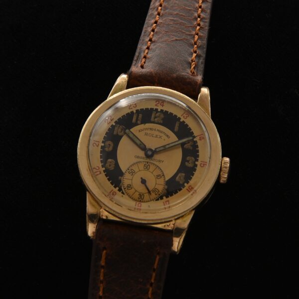 1942 Rolex Observatory gold-filled WW2-era military watch with original two-tone dial, contract case, 24-hour scale, and 17-jewel movement.